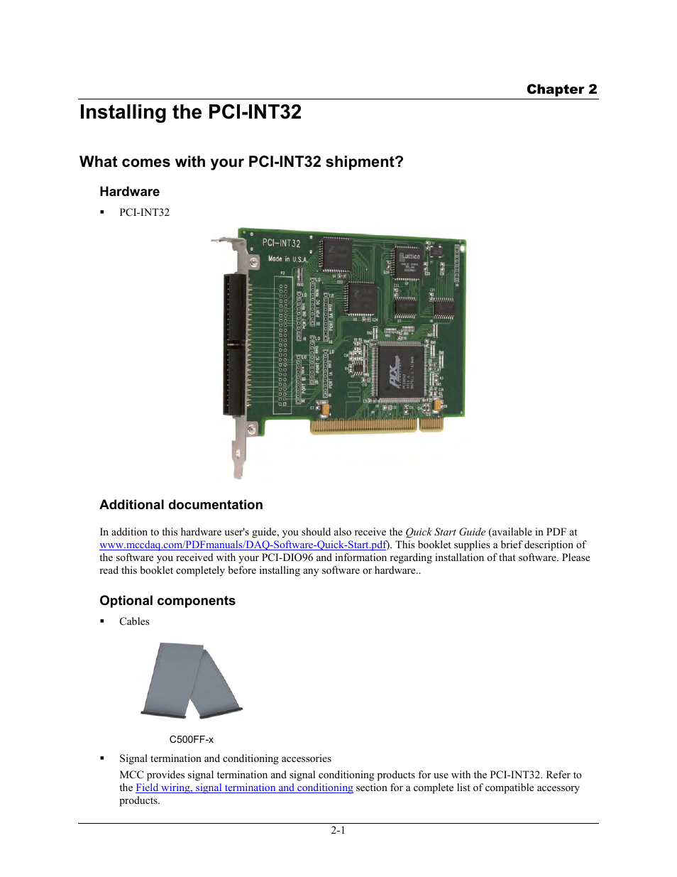 Installing the pci-int32, What comes with your pci-int32 shipment, Hardware | Additional documentation, Optional components, Installing the pci-int32 -1, What comes with your pci-int32 shipment? -1, Hardware -1, Additional documentation -1, Optional components -1 | Measurement Computing PCI-INT32 User Manual | Page 7 / 17