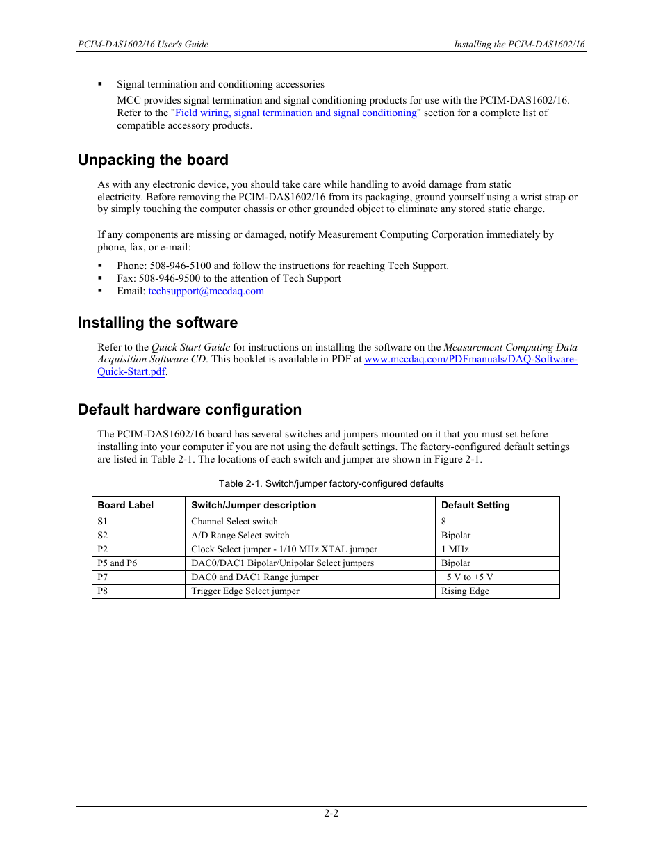 Unpacking the board, Installing the software, Default hardware configuration | Unpacking the board -2, Installing the software -2, Default hardware configuration -2 | Measurement Computing PCIM-DAS1602/16 User Manual | Page 11 / 29