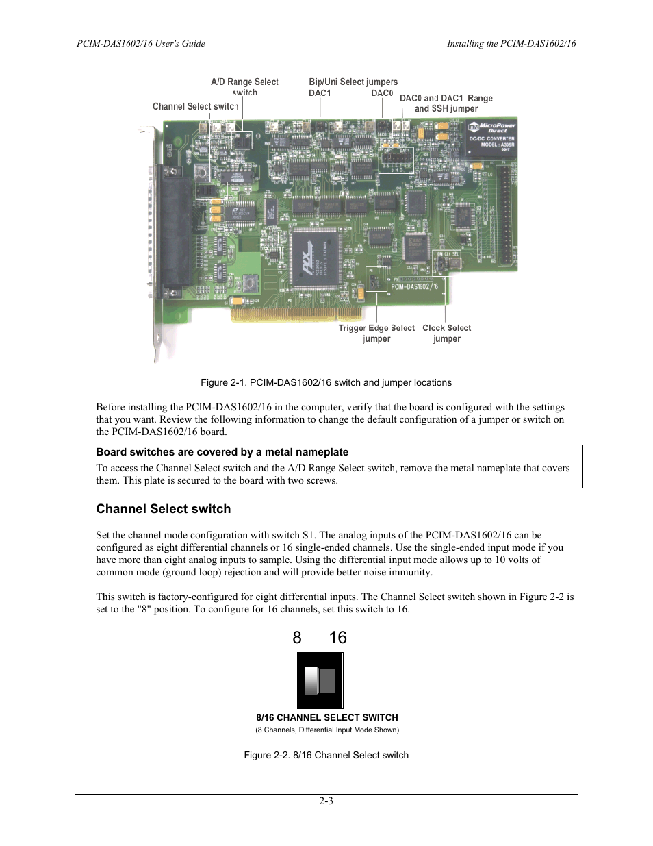 Channel select switch, Channel select switch -3 | Measurement Computing PCIM-DAS1602/16 User Manual | Page 12 / 29