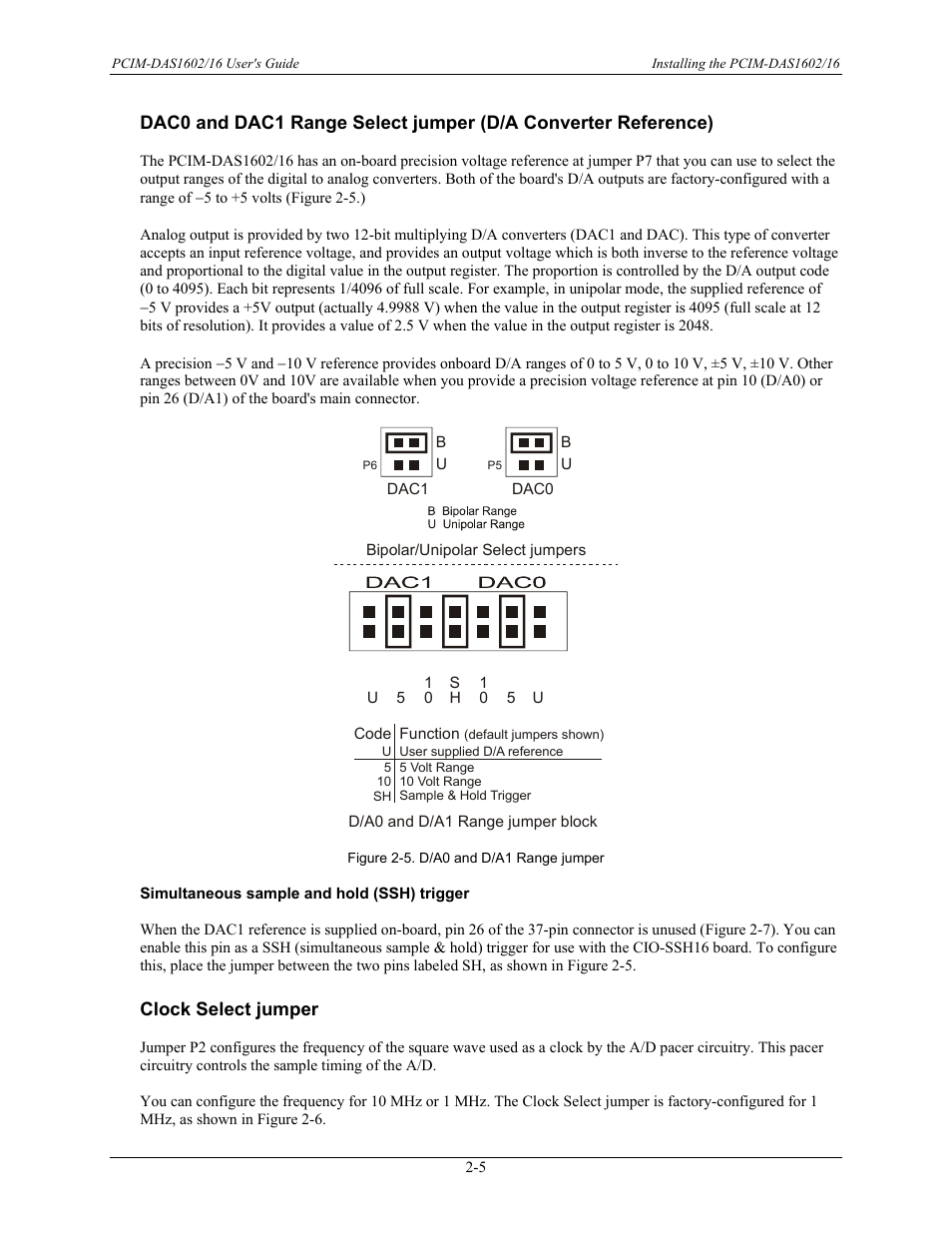 Dac0 and dac1 range select jumper \(d/a convert, Simultaneous sample and hold (ssh) trigger, Clock select jumper | Clock select jumper -5 | Measurement Computing PCIM-DAS1602/16 User Manual | Page 14 / 29