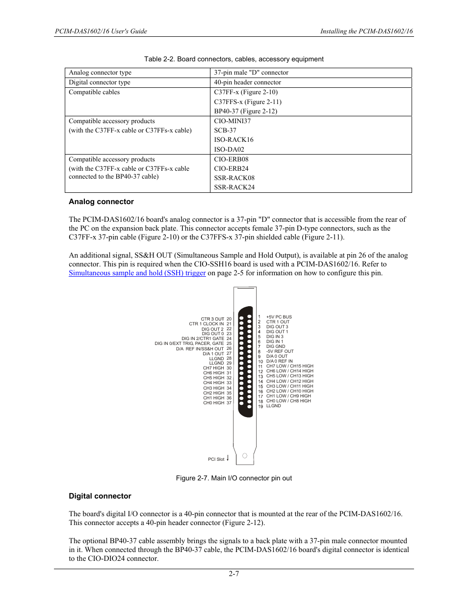 Analog connector, Digital connector, Figure 2-7 | Nnector (see figure 2-7), Lists the, Table 2-2 | Measurement Computing PCIM-DAS1602/16 User Manual | Page 16 / 29