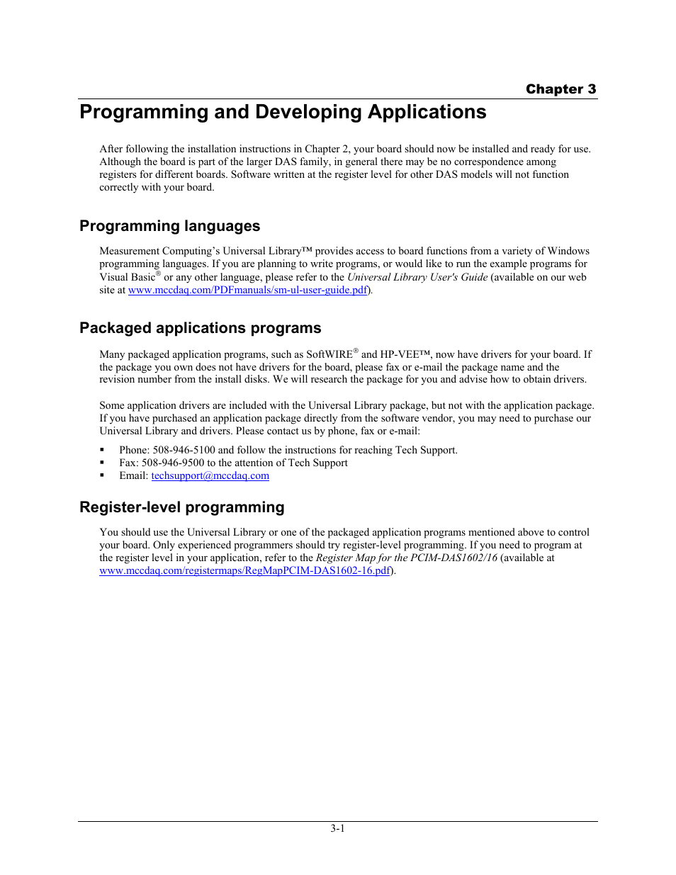 Programming and developing applications, Programming languages, Packaged applications programs | Register-level programming, Programming and developing applications -1, Programming languages -1, Packaged applications programs -1, Register-level programming -1 | Measurement Computing PCIM-DAS1602/16 User Manual | Page 19 / 29