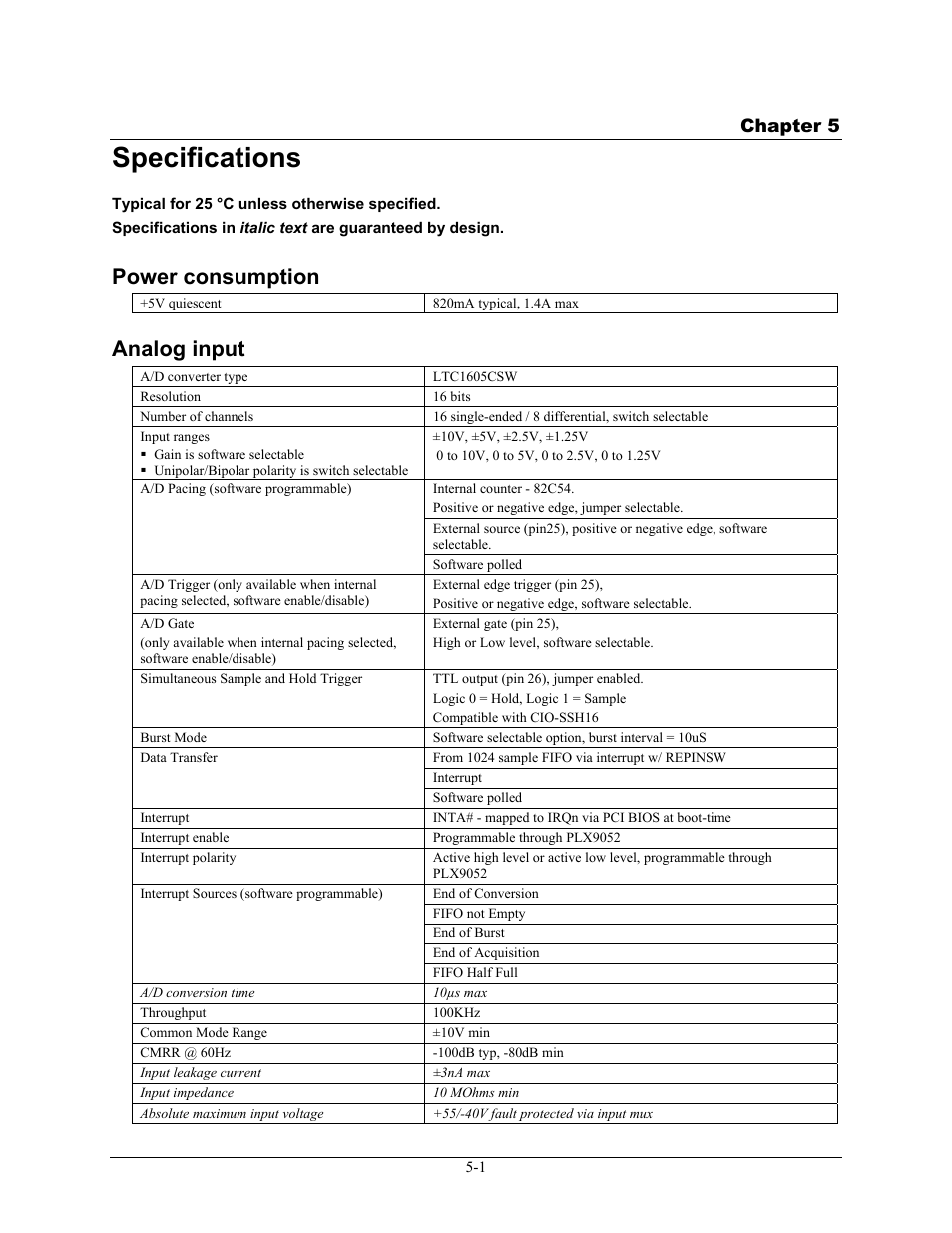 Specifications, Power consumption, Analog input | Specifications -1, Power consumption -1, Analog input -1 | Measurement Computing PCIM-DAS1602/16 User Manual | Page 21 / 29