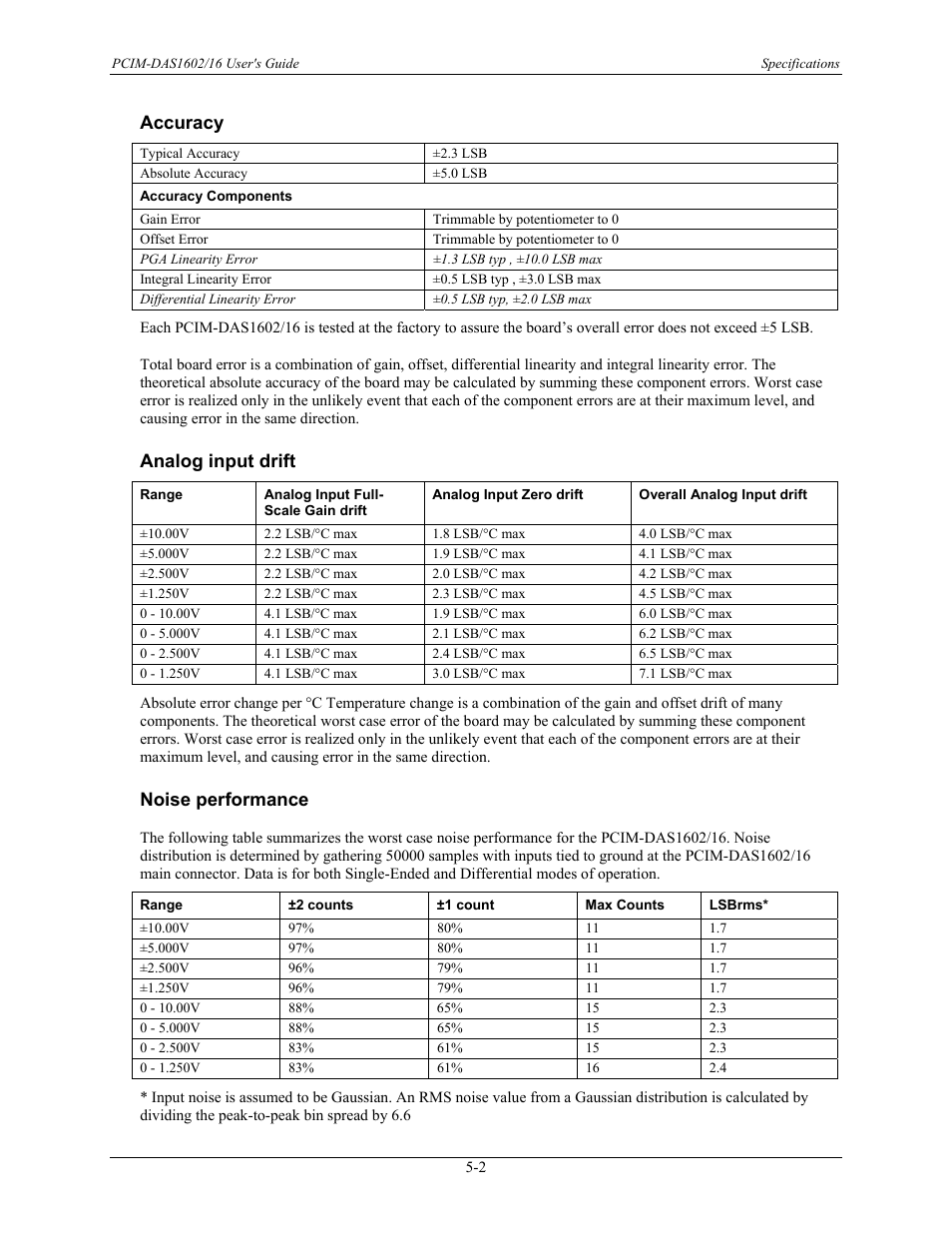 Accuracy, Analog input drift, Noise performance | Accuracy -2, Analog input drift -2, Noise performance -2 | Measurement Computing PCIM-DAS1602/16 User Manual | Page 22 / 29