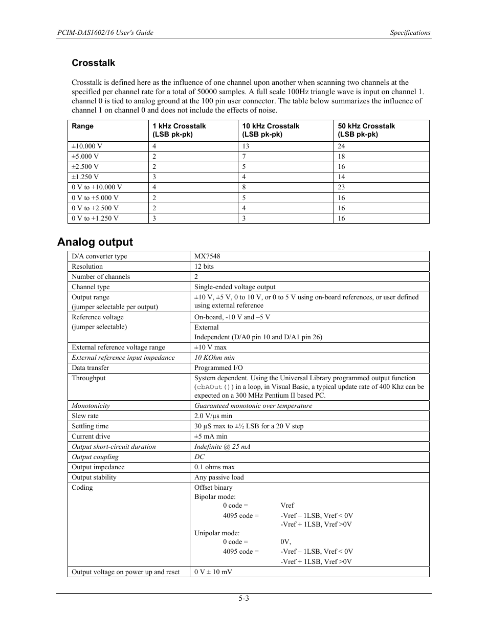 Crosstalk, Analog output, Crosstalk -3 | Analog output -3 | Measurement Computing PCIM-DAS1602/16 User Manual | Page 23 / 29
