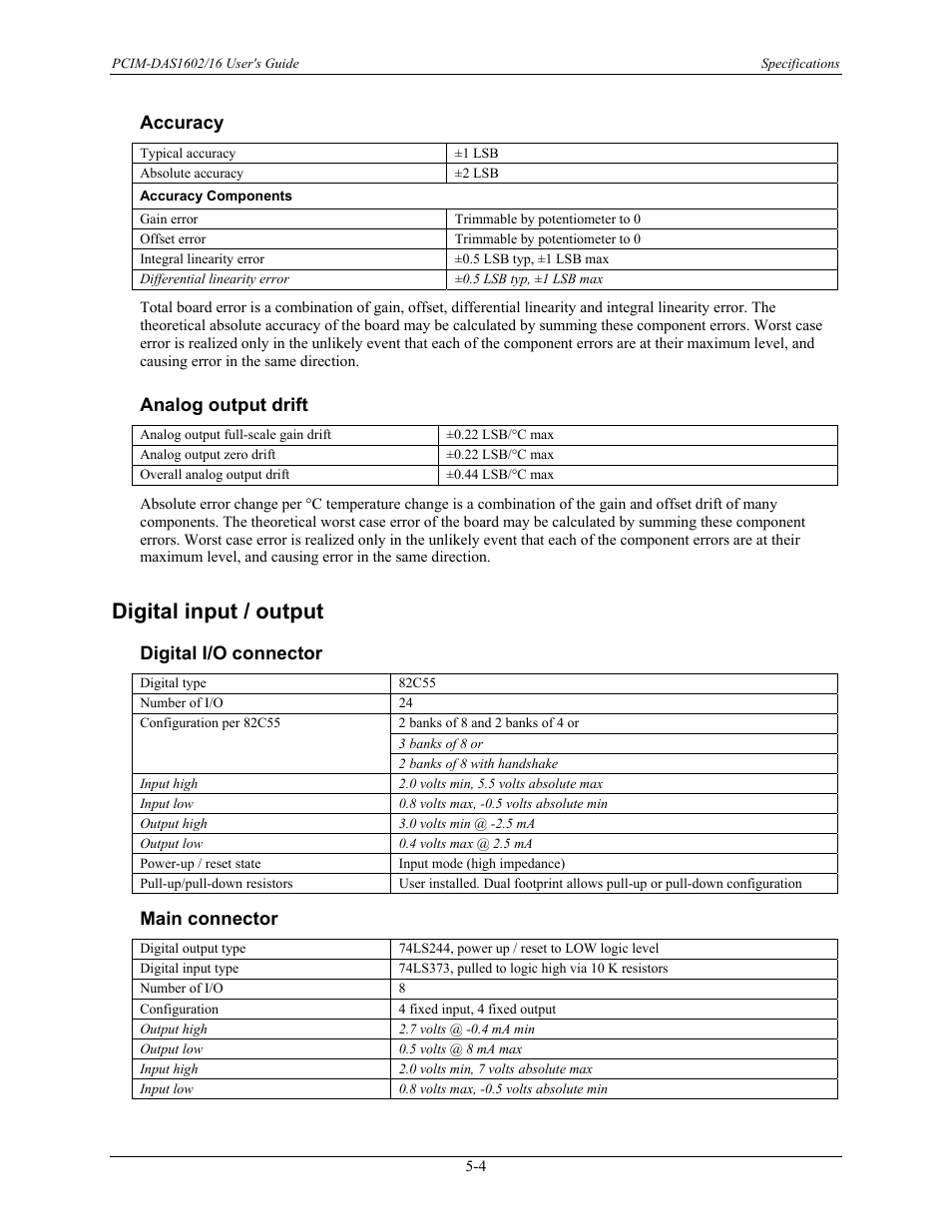 Accuracy, Analog output drift, Digital input / output | Digital i/o connector, Main connector, Accuracy -4, Analog output drift -4, Digital input / output -4, Digital i/o connector -4, Main connector -4 | Measurement Computing PCIM-DAS1602/16 User Manual | Page 24 / 29