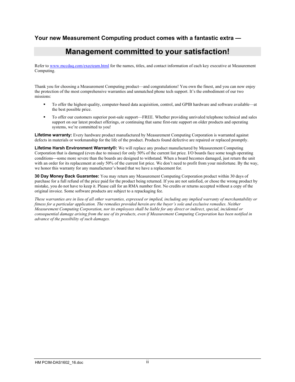 Management committed to your satisfaction | Measurement Computing PCIM-DAS1602/16 User Manual | Page 3 / 29
