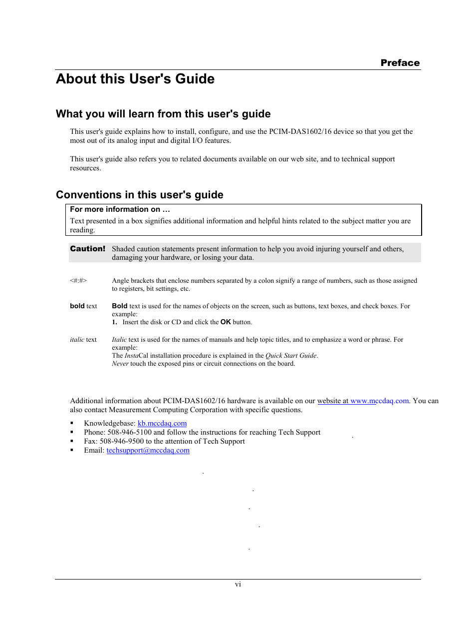 Preface, About this user's guide, What you will learn from this user's guide | Conventions in this user's guide, Where to find more information | Measurement Computing PCIM-DAS1602/16 User Manual | Page 7 / 29