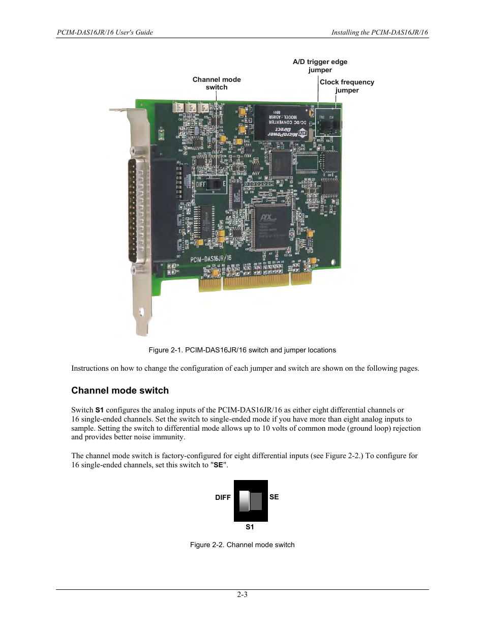 Channel mode switch, Channel mode switch -3, Figure 2-1 | Measurement Computing PCIM-DAS16JR/16 User Manual | Page 11 / 27