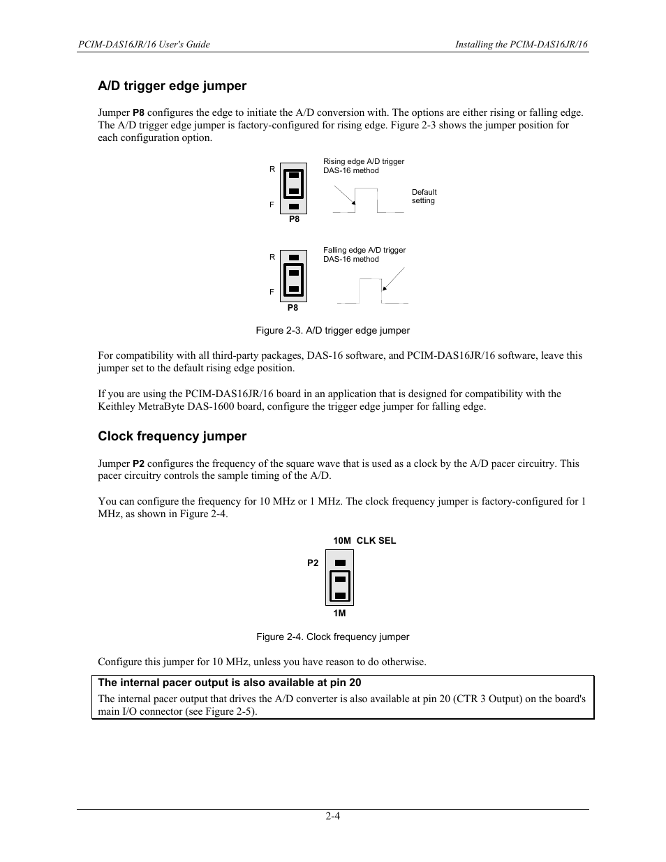 A/d trigger edge jumper, Clock frequency jumper, A/d trigger edge jumper -4 | Clock frequency jumper -4 | Measurement Computing PCIM-DAS16JR/16 User Manual | Page 12 / 27