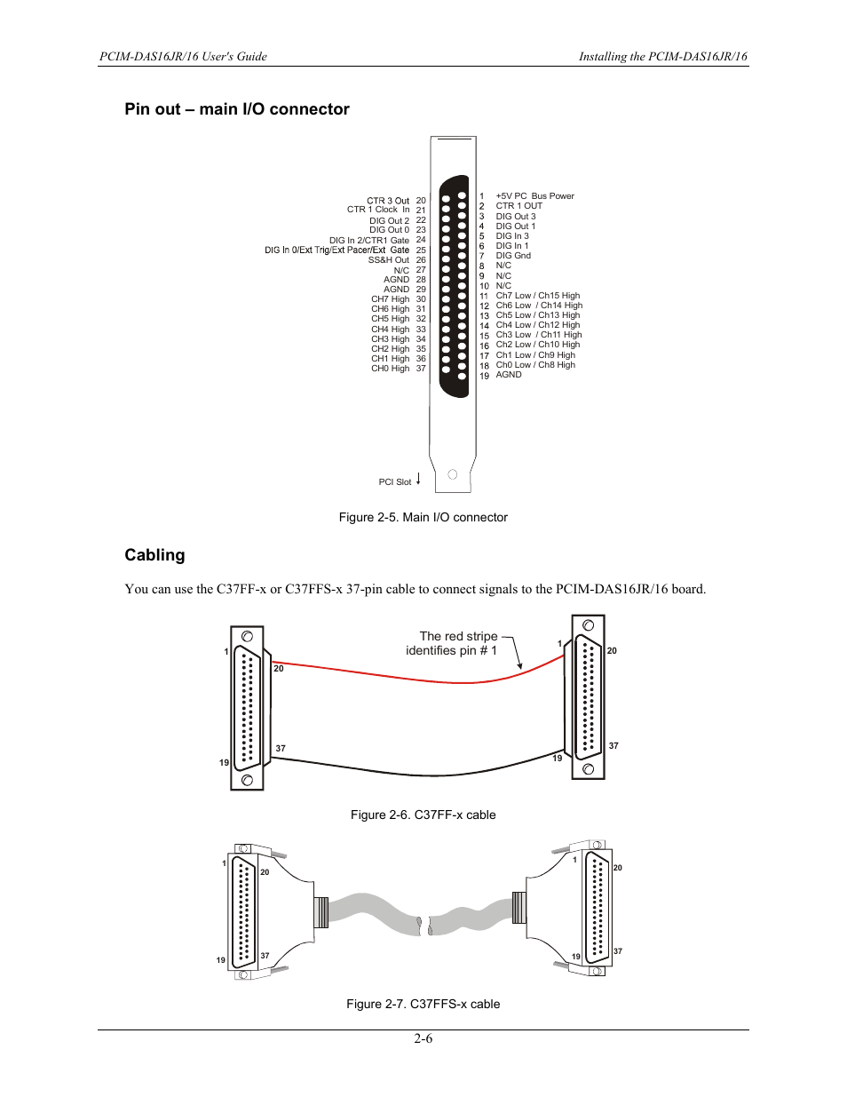 Pin out – main i/o connector, Cabling, Pin out – main i/o connector -6 | Cabling -6, Nnector (see figure 2-5), C37ff-x (figure 2-6) c37ffs-x (figure 2-7), E (figure 2-6), Figure 2-7), Figure 2-5. main i/o connector, Figure 2-7. c37ffs-x cable | Measurement Computing PCIM-DAS16JR/16 User Manual | Page 14 / 27