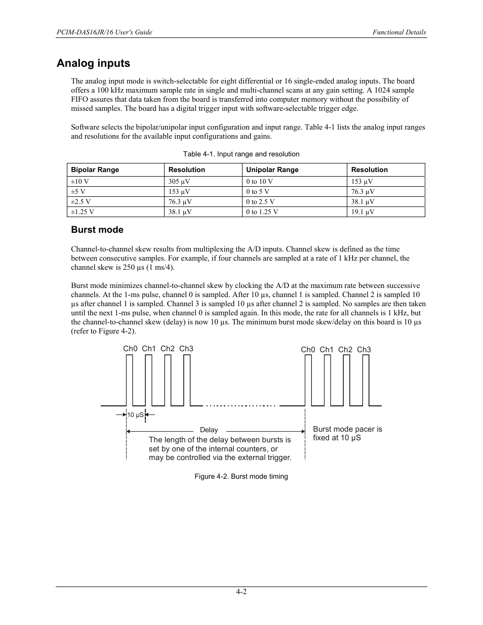Analog inputs, Burst mode, Analog inputs -2 | Burst mode -2 | Measurement Computing PCIM-DAS16JR/16 User Manual | Page 18 / 27