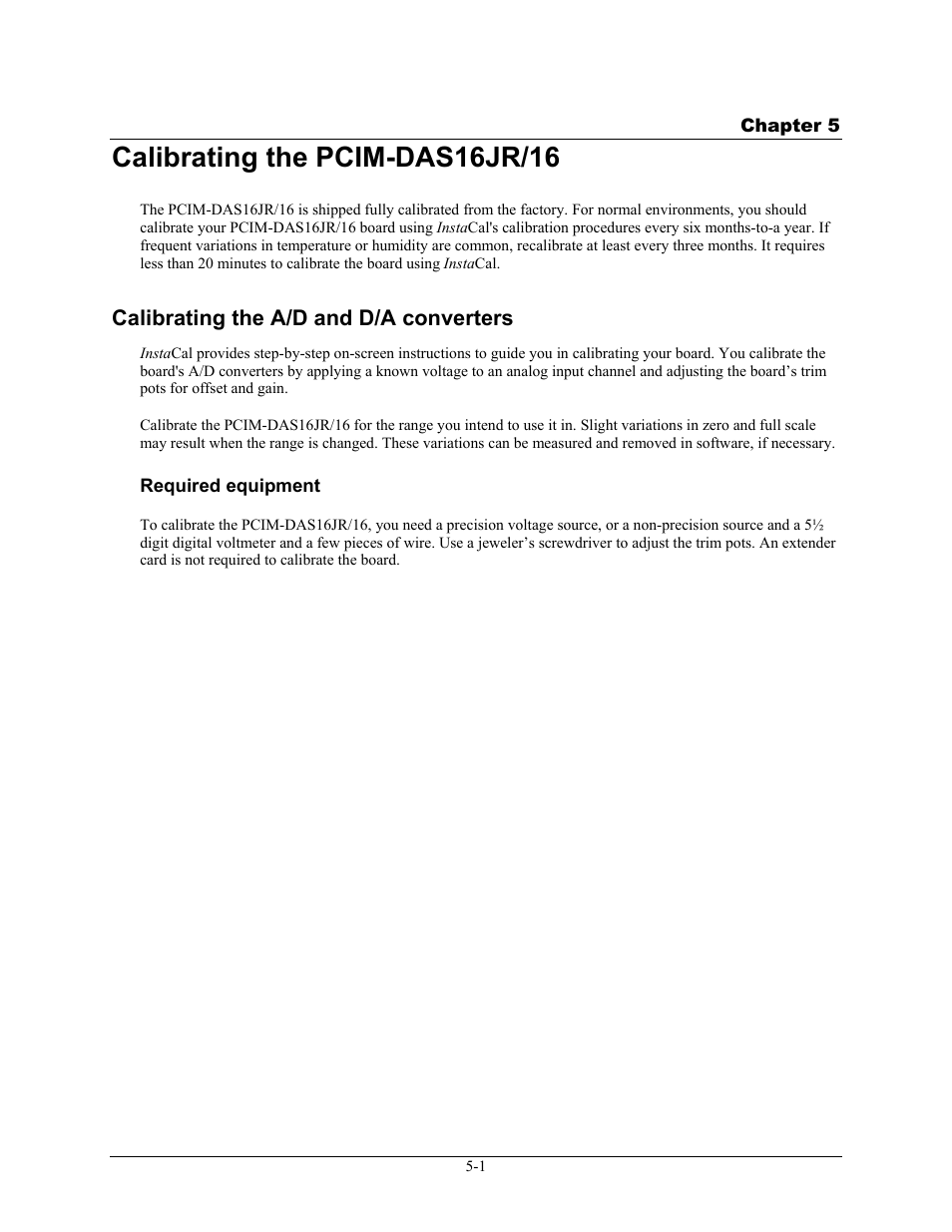 Calibrating the pcim-das16jr/16, Calibrating the a/d and d/a converters, Required equipment | Calibrating the pcim-das16jr/16 -1, Calibrating the a/d & d/a converters -1, Required equipment -1 | Measurement Computing PCIM-DAS16JR/16 User Manual | Page 20 / 27