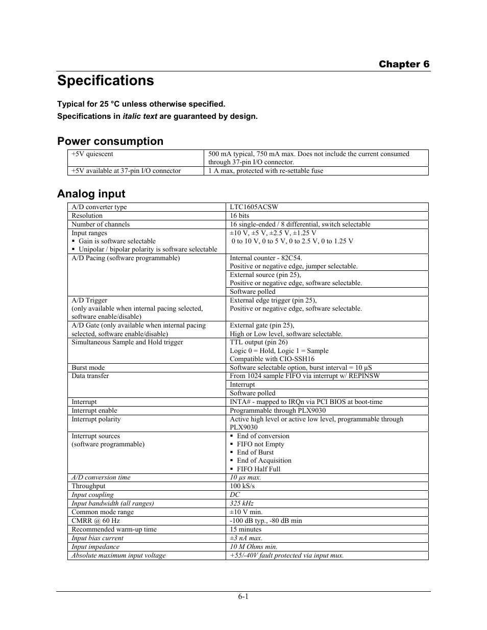 Specifications, Power consumption, Analog input | Specifications -1, Power consumption -1, Analog input -1, Chapter 6 | Measurement Computing PCIM-DAS16JR/16 User Manual | Page 21 / 27