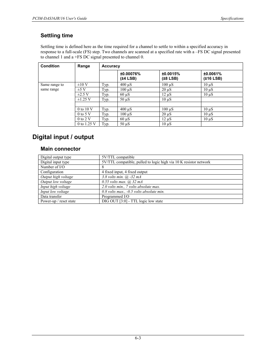 Settling time, Digital input / output, Main connector | Settling time -3, Digital input / output -3, Main connector -3 | Measurement Computing PCIM-DAS16JR/16 User Manual | Page 23 / 27