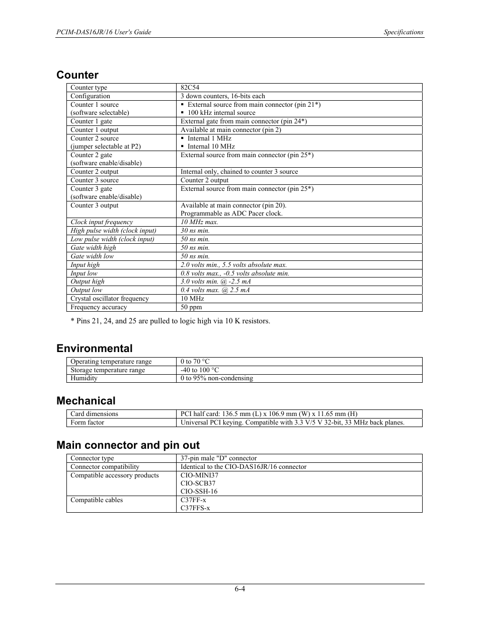 Counter, Environmental, Mechanical | Main connector and pin out, Counter -4, Environmental -4, Mechanical -4, Main connector and pin out -4 | Measurement Computing PCIM-DAS16JR/16 User Manual | Page 24 / 27