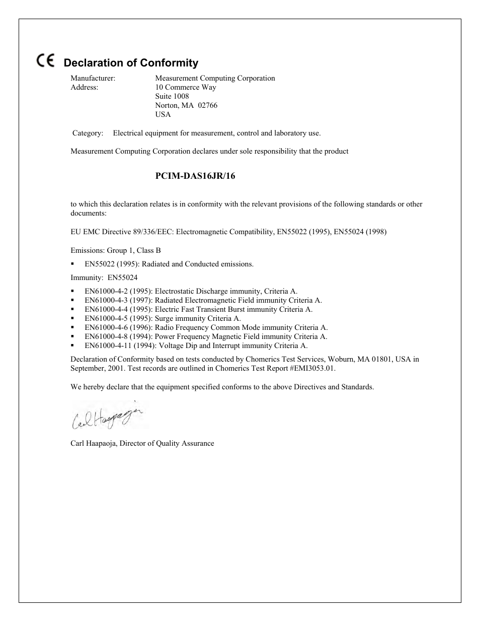 Declaration of conformity | Measurement Computing PCIM-DAS16JR/16 User Manual | Page 26 / 27