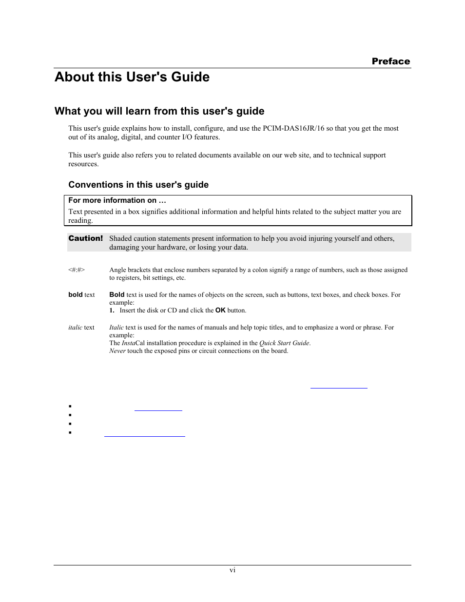 Preface, About this user's guide, What you will learn from this user's guide | Conventions in this user's guide, Where to find more information | Measurement Computing PCIM-DAS16JR/16 User Manual | Page 7 / 27