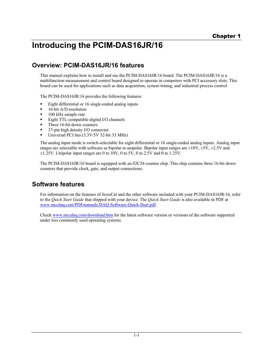 Introducing the pcim-das16jr/16, Overview: pcim-das16jr/16 features, Software features | Introducing the pcim-das16jr/16 -1, Overview: pcim-das16jr/16 features -1, Software features -1 | Measurement Computing PCIM-DAS16JR/16 User Manual | Page 8 / 27