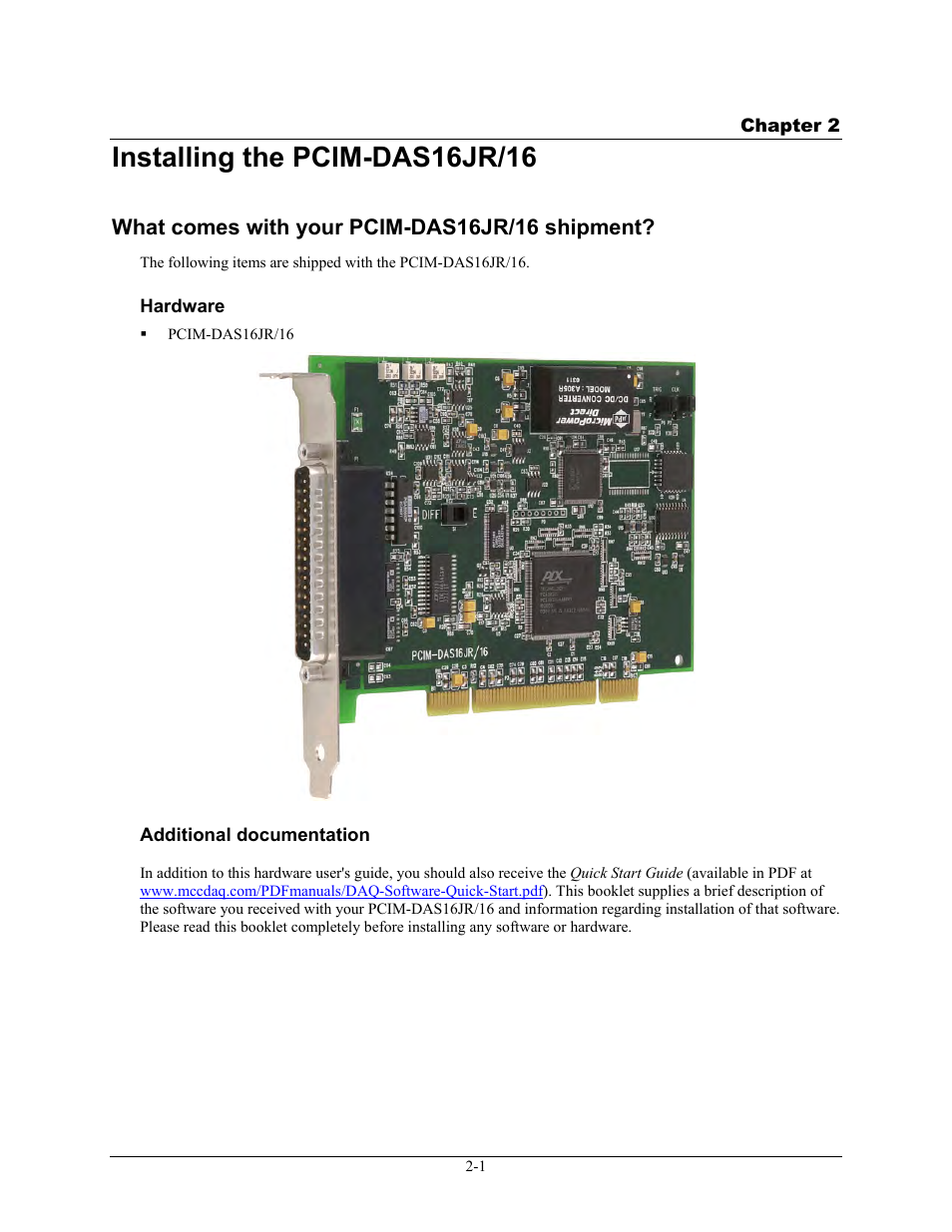 Installing the pcim-das16jr/16, What comes with your pcim-das16jr/16 shipment, Hardware | Additional documentation, Installing the pcim-das16jr/16 -1, What comes with your pcim-das16jr/16 shipment? -1, Hardware -1, Additional documentation -1 | Measurement Computing PCIM-DAS16JR/16 User Manual | Page 9 / 27