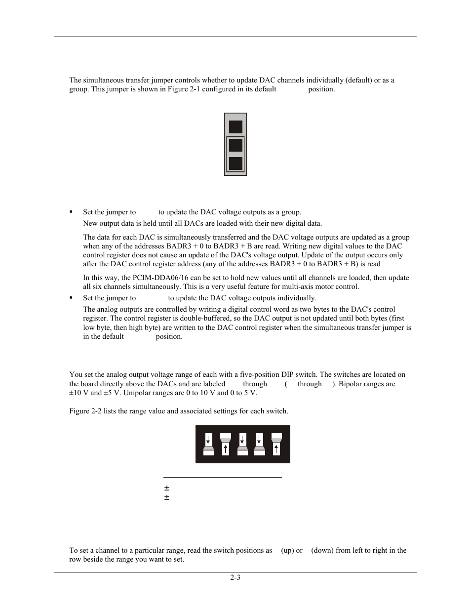 Simultaneous transfer jumper, Analog output range switch, Simultaneous transfer jumper -3 | Analog output range switch -3 | Measurement Computing PCIM-DDA06/16 User Manual | Page 11 / 20