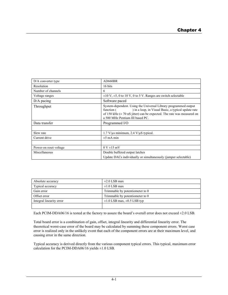 Specifications, Analog output, Accuracy | Specifications -1, Analog output -1, Accuracy -1 | Measurement Computing PCIM-DDA06/16 User Manual | Page 16 / 20