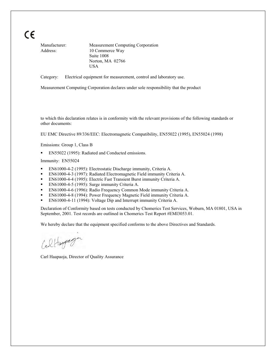 Declaration of conformity | Measurement Computing PCIM-DDA06/16 User Manual | Page 19 / 20