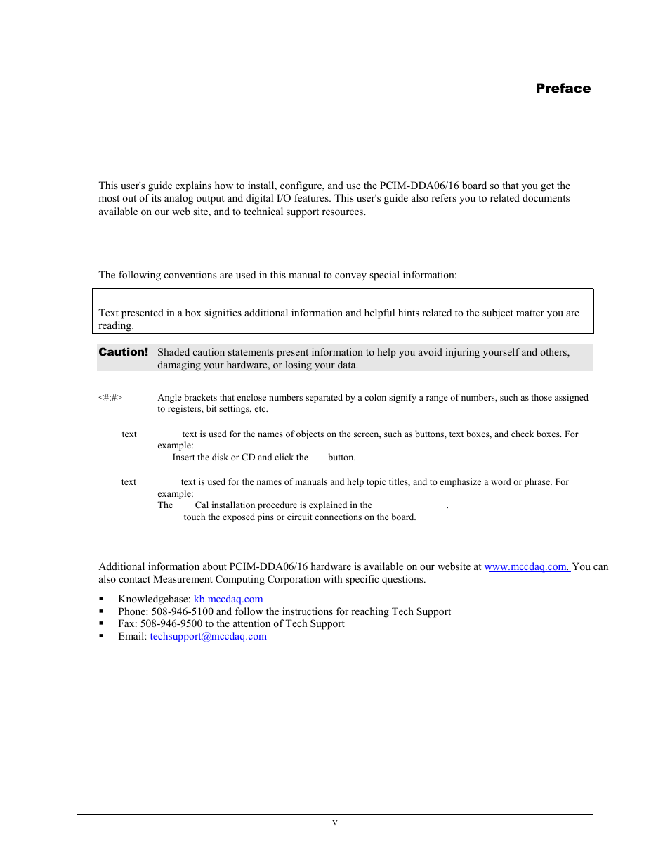 About this user's guide, What you will learn from this user's guide, Conventions in this user's guide | Where to find more information | Measurement Computing PCIM-DDA06/16 User Manual | Page 6 / 20