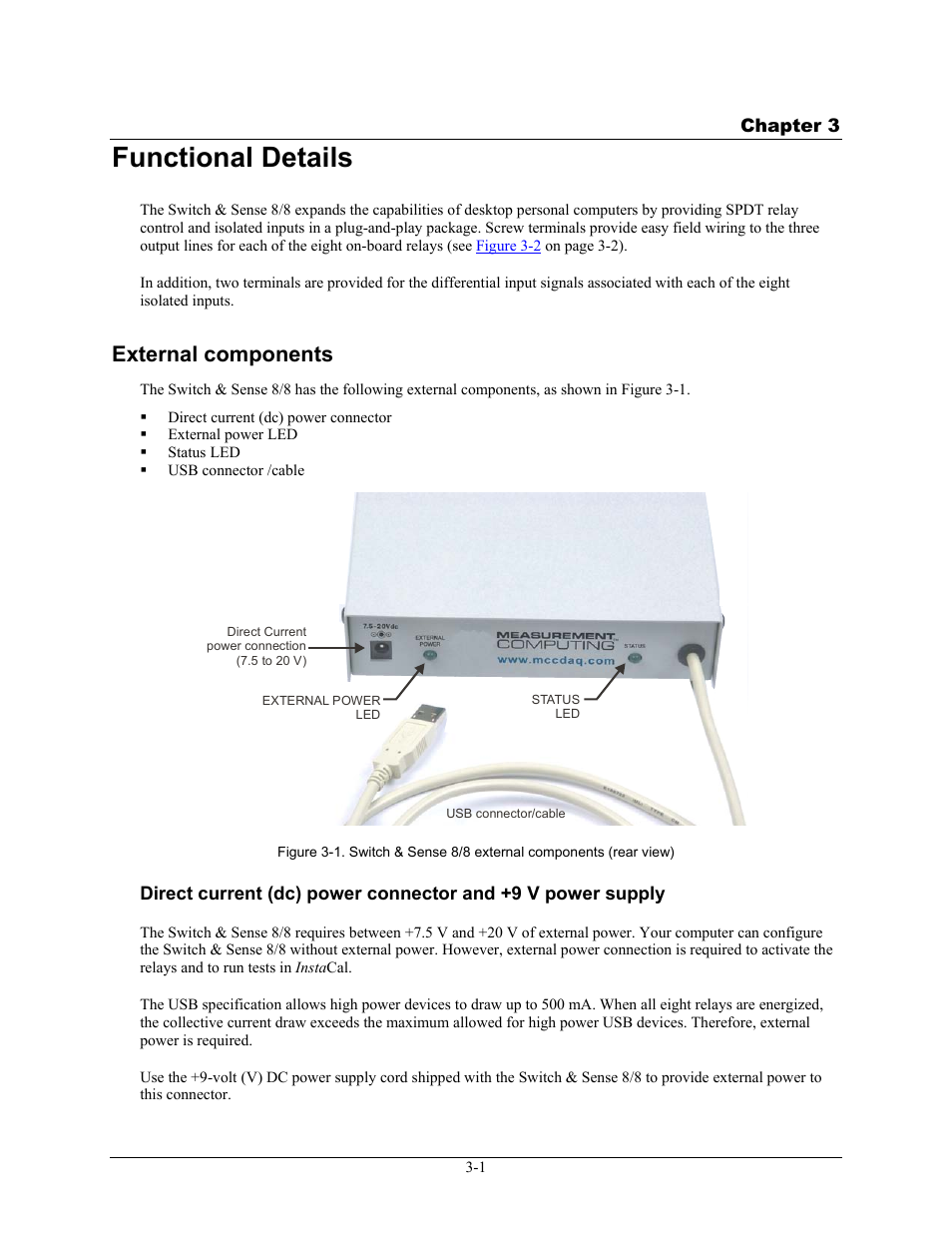 Functional details, External components, Direct current \(dc\) power connector and +9 v | Functional details -1, External components -1 | Measurement Computing SWITCH AND SENSE 8/8 User Manual | Page 12 / 19
