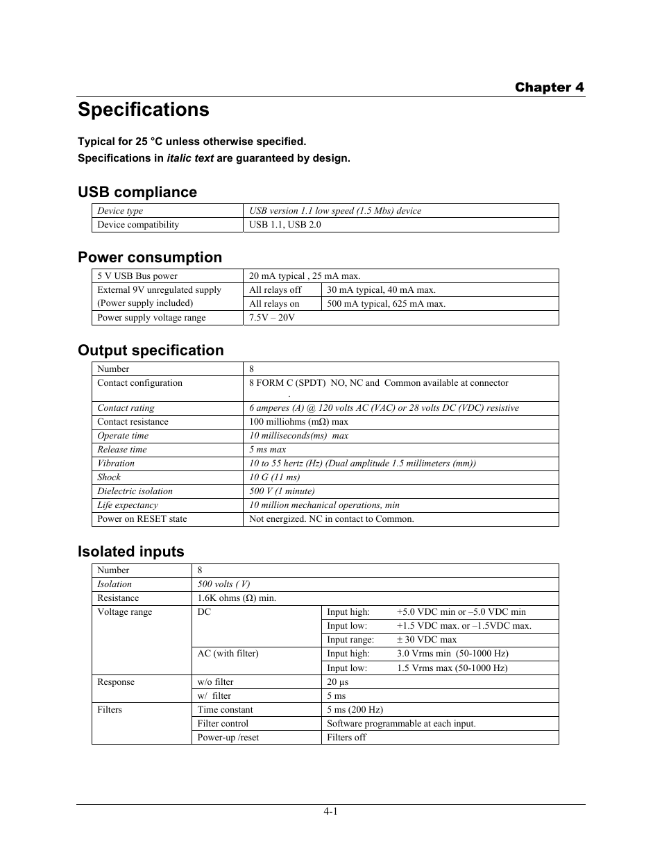 Specifications, Usb compliance, Power consumption | Output specification, Isolated inputs, Specifications -1, Usb compliance -1, Power consumption -1, Output specification -1, Isolated inputs -1 | Measurement Computing SWITCH AND SENSE 8/8 User Manual | Page 17 / 19
