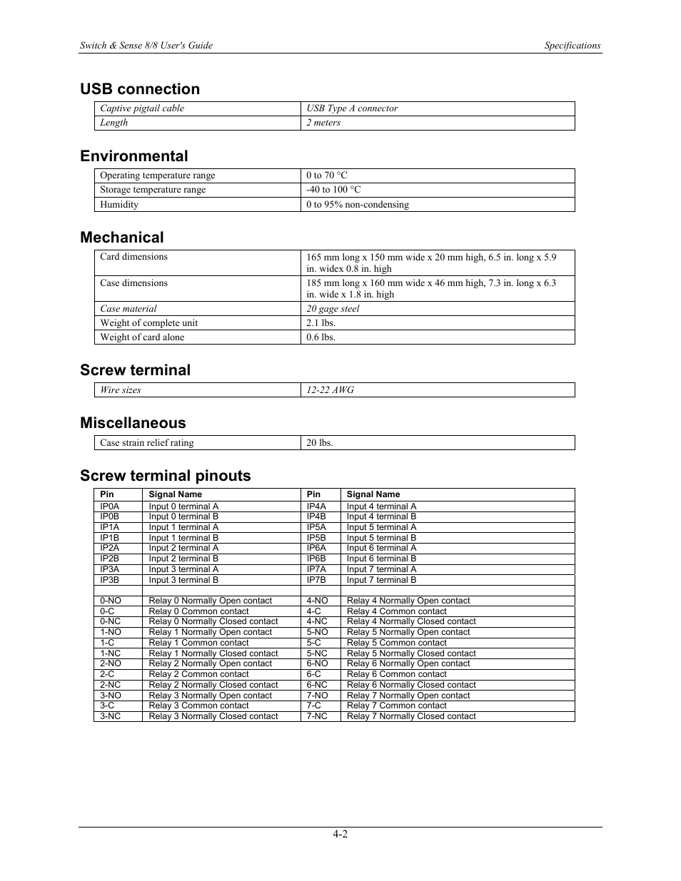 Usb connection, Environmental, Mechanical | Screw terminal, Miscellaneous, Screw terminal pinouts, Environmental -2, Mechanical -2, Screw terminal -2, Miscellaneous -2 | Measurement Computing SWITCH AND SENSE 8/8 User Manual | Page 18 / 19
