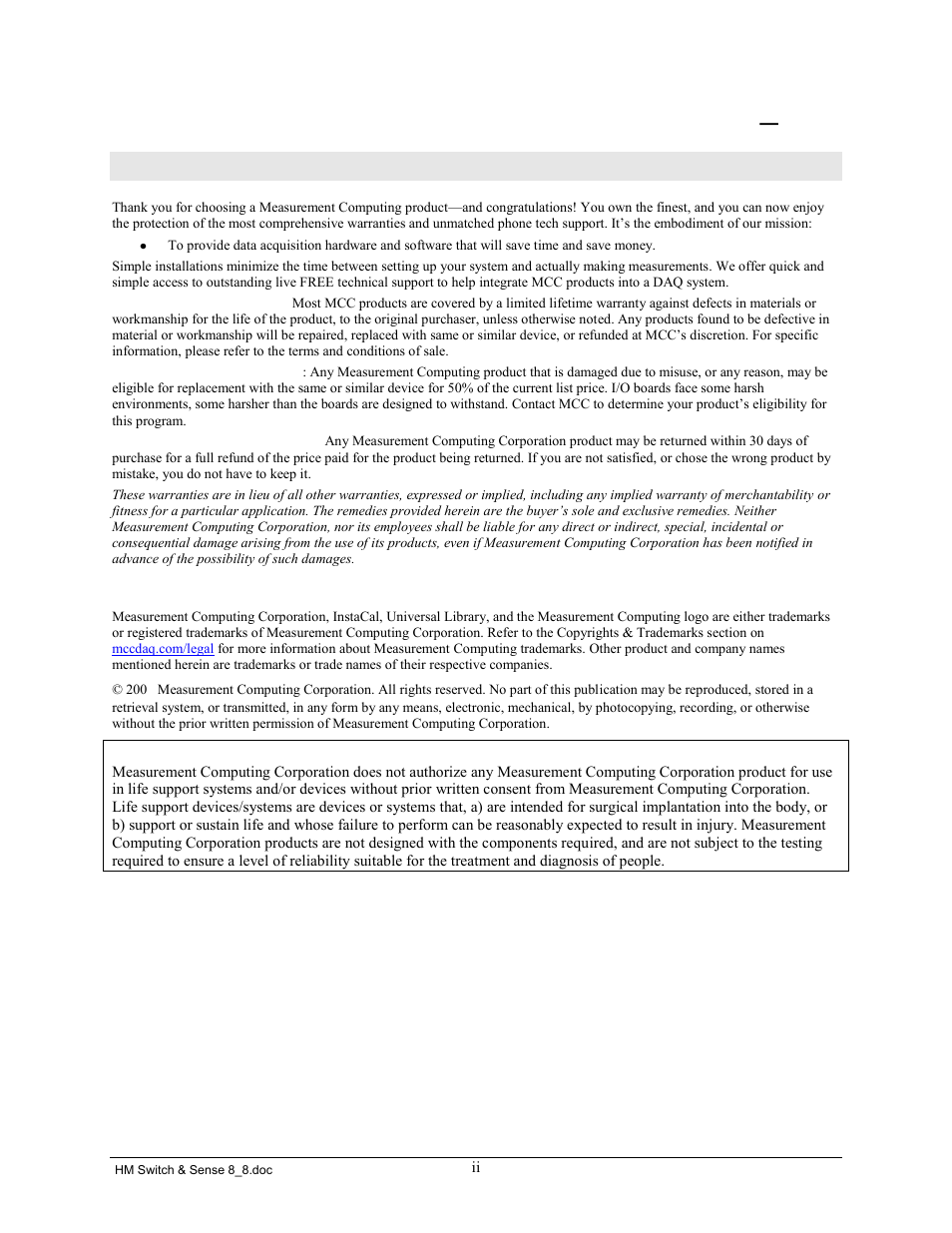 Management committed to your satisfaction | Measurement Computing SWITCH AND SENSE 8/8 User Manual | Page 3 / 19