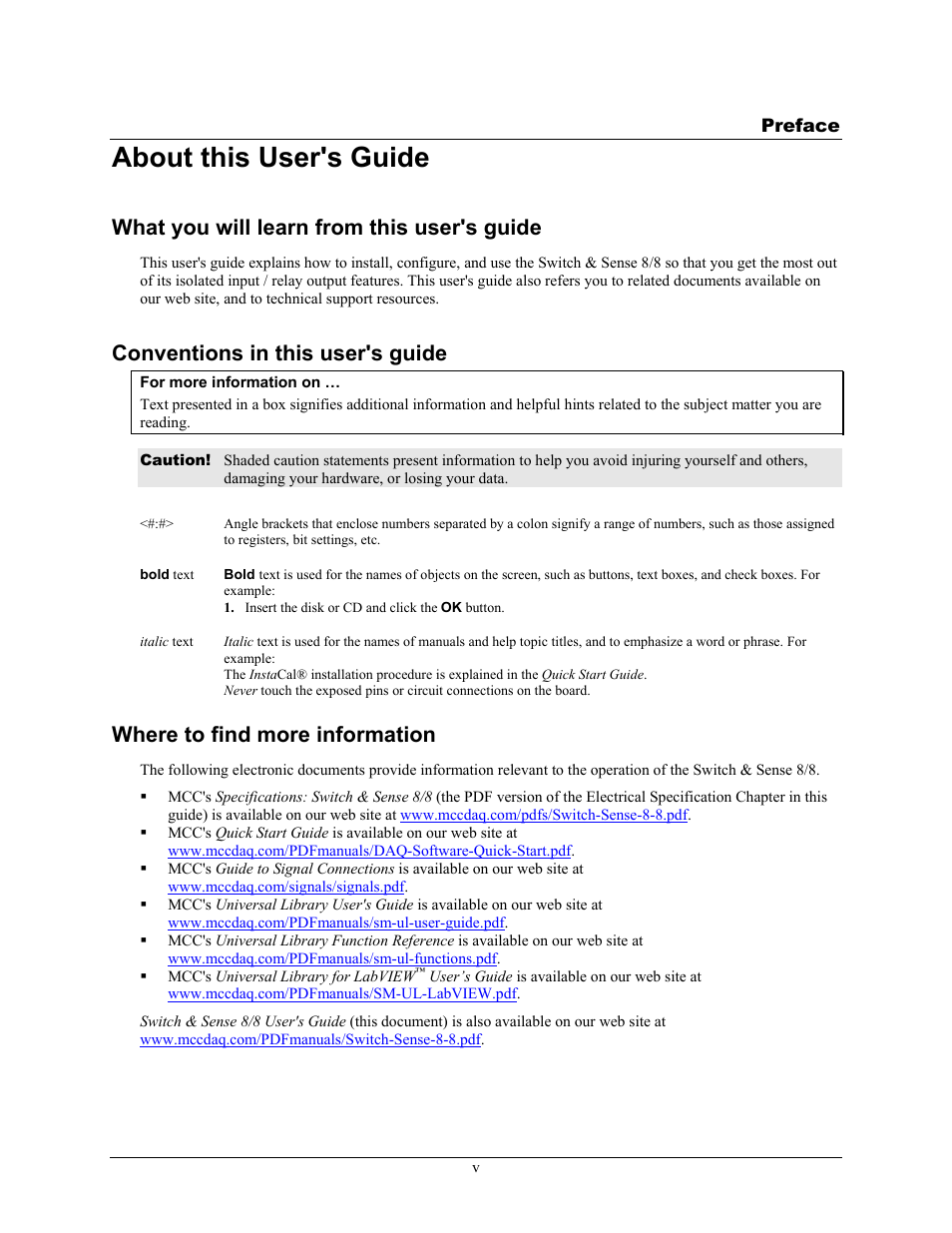 Preface, About this user's guide, What you will learn from this user's guide | Conventions in this user's guide, Where to find more information | Measurement Computing SWITCH AND SENSE 8/8 User Manual | Page 5 / 19