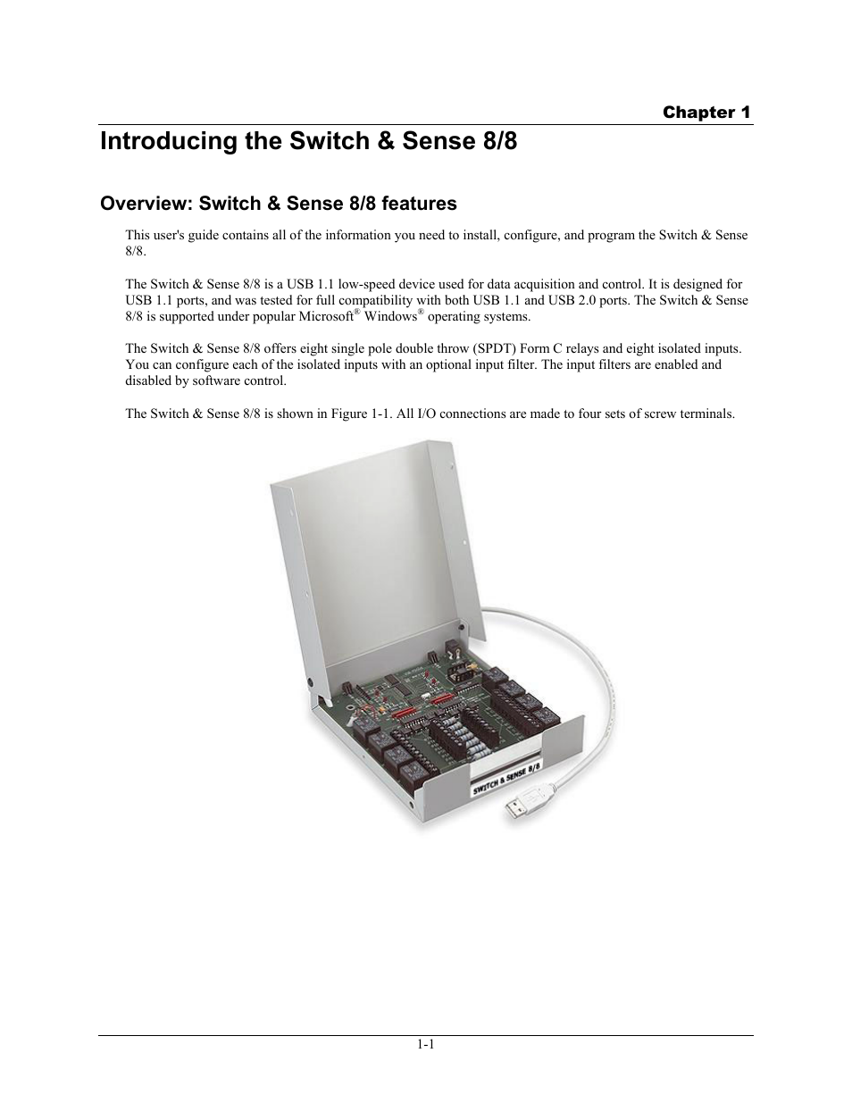 Introducing the switch & sense 8/8, Overview: switch & sense 8/8 features, Introducing the switch & sense 8/8 -1 | Overview: switch & sense 8/8 features -1 | Measurement Computing SWITCH AND SENSE 8/8 User Manual | Page 6 / 19