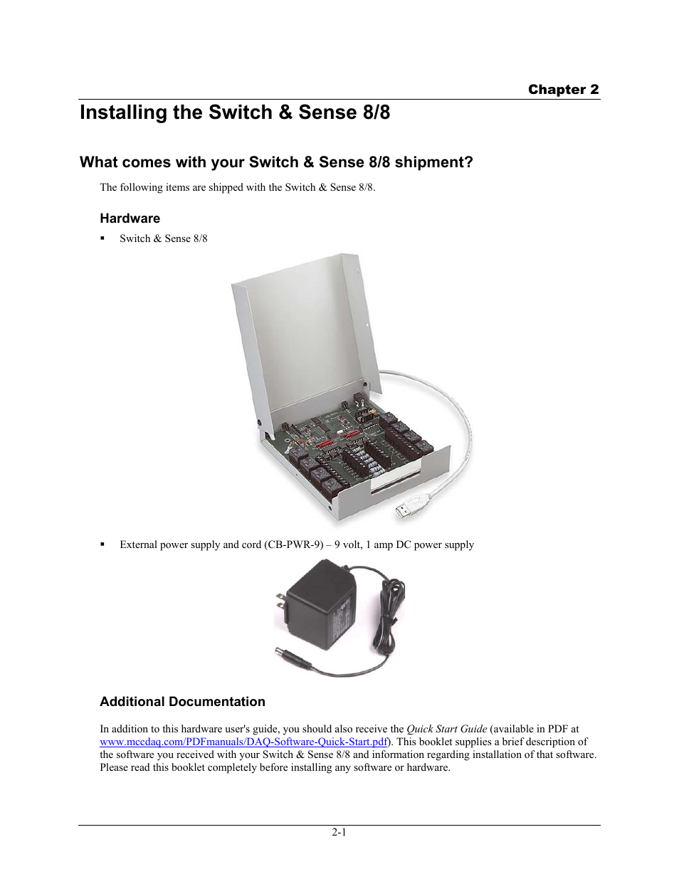 Installing the switch & sense 8/8, What comes with your switch & sense 8/8 shipment, Hardware | Additional documentation, Installing the switch & sense 8/8 -1, Hardware -1, Additional documentation -1 | Measurement Computing SWITCH AND SENSE 8/8 User Manual | Page 9 / 19
