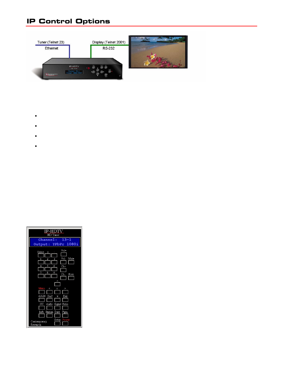 Ip control options, Rs-232 display control, Tcp and udp connectivity | Contemporary Research IP IP-HDTV User Manual | Page 26 / 30