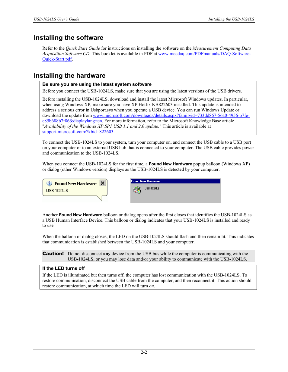 Installing the software, Installing the hardware, Installing the software -2 | Installing the hardware -2 | Measurement Computing USB-1024LS User Manual | Page 10 / 19