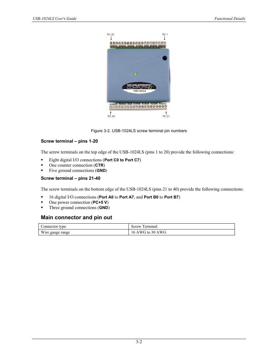 Screw terminal – pins 1-20, Screw terminal – pins 21-40, Main connector and pin out | Main connector and pin out -2, Figure 3-2 | Measurement Computing USB-1024LS User Manual | Page 12 / 19