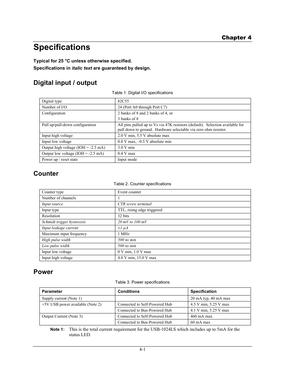 Specifications, Digital input / output, Counter | Power, Specifications -1, Digital input / output -1, Counter -1, Power -1 | Measurement Computing USB-1024LS User Manual | Page 15 / 19