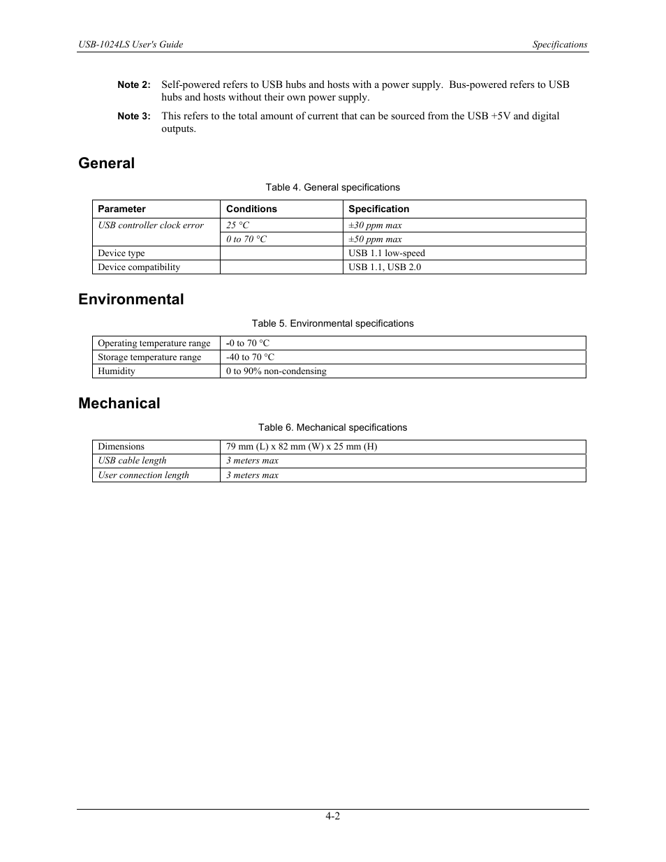 General, Environmental, Mechanical | General -2, Environmental -2, Mechanical -2 | Measurement Computing USB-1024LS User Manual | Page 16 / 19