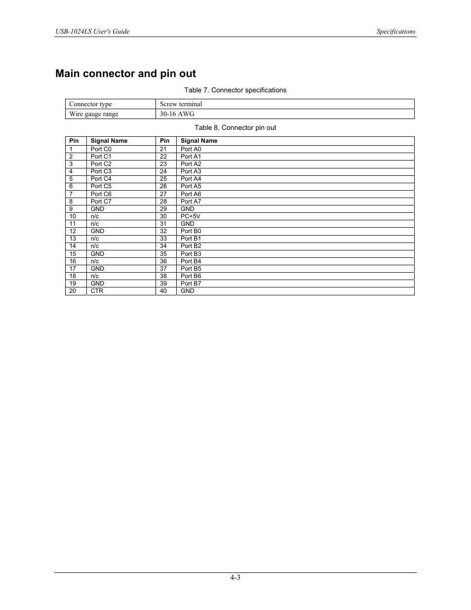 Main connector and pin out, Main connector and pin out -3 | Measurement Computing USB-1024LS User Manual | Page 17 / 19