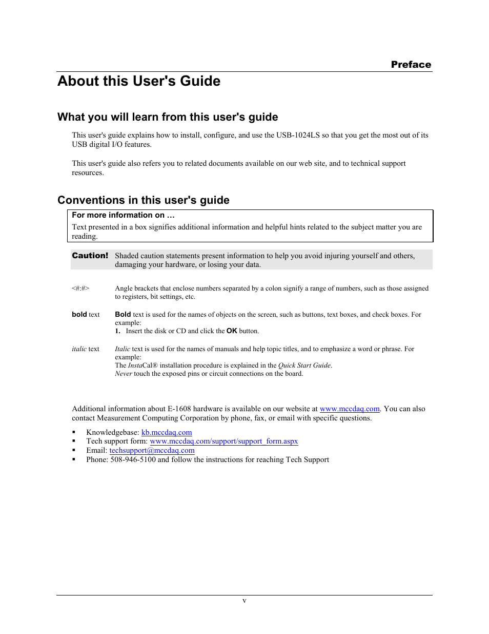 Preface, About this user's guide, What you will learn from this user's guide | Conventions in this user's guide, Where to find more information | Measurement Computing USB-1024LS User Manual | Page 5 / 19