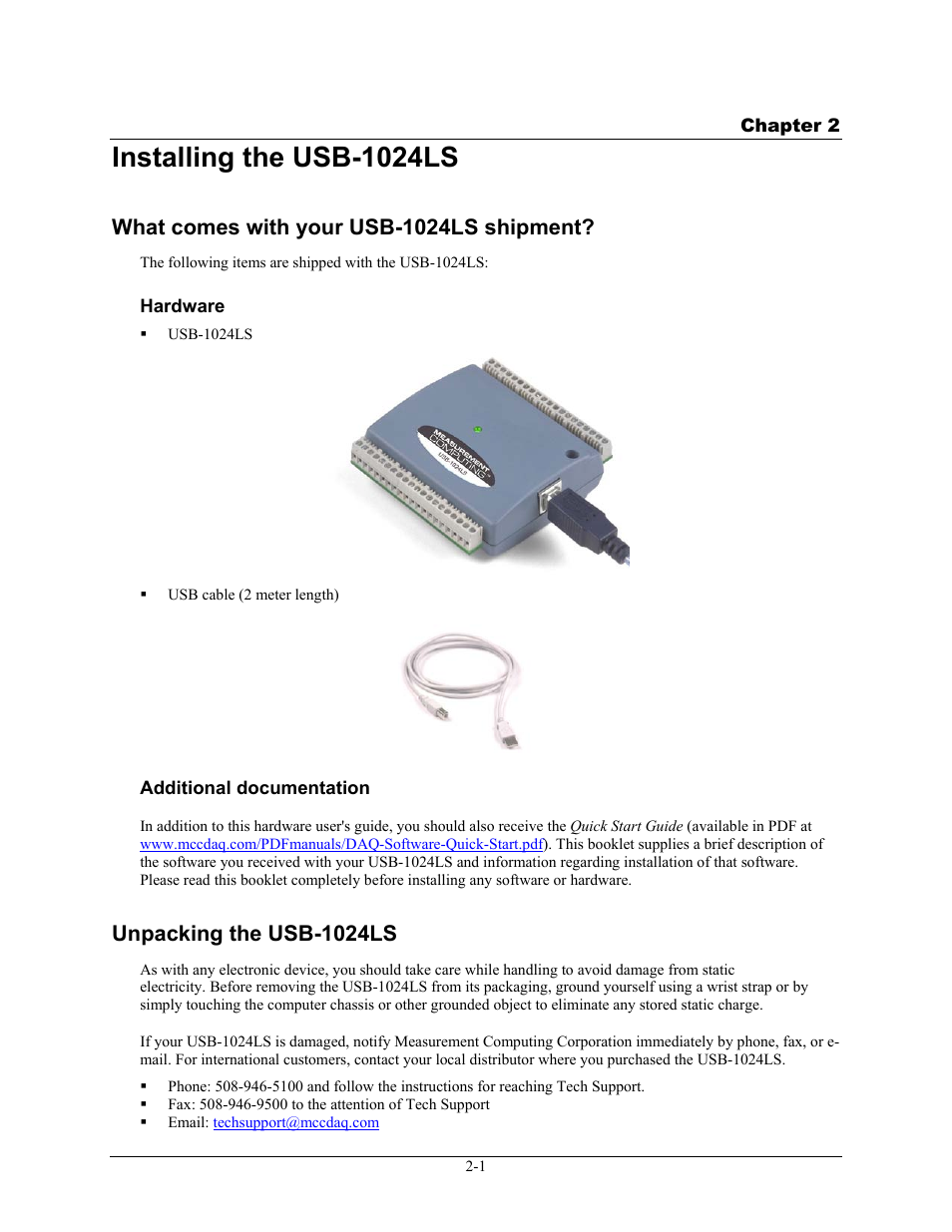 Installing the usb-1024ls, What comes with your usb-1024ls shipment, Hardware | Additional documentation, Unpacking the usb-1024ls, Installing the usb-1024ls -1, What comes with your usb-1024ls shipment? -1, Hardware -1, Additional documentation -1, Unpacking the usb-1024ls -1 | Measurement Computing USB-1024LS User Manual | Page 9 / 19