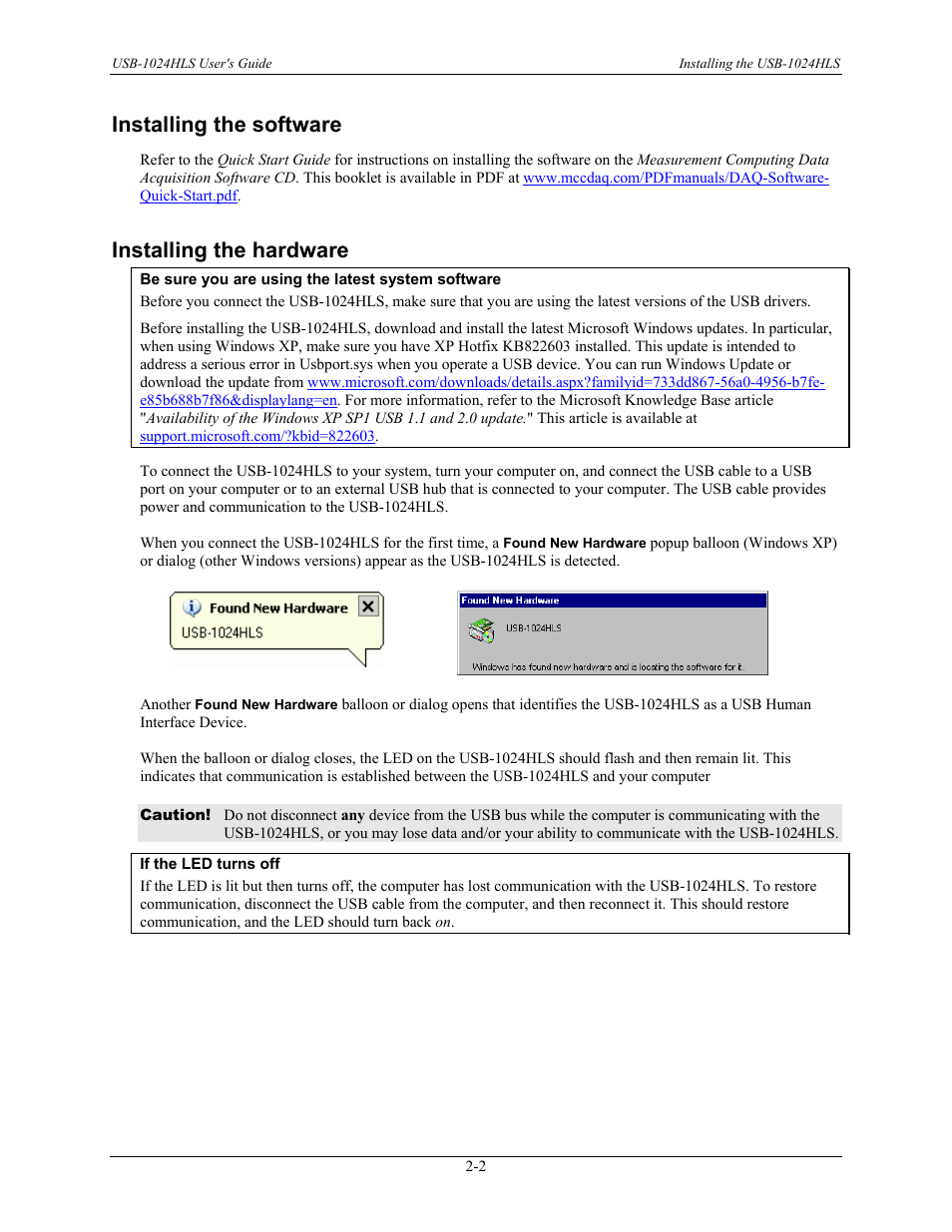 Installing the software, Installing the hardware, Installing the software -2 | Installing the hardware -2 | Measurement Computing USB-1024HLS User Manual | Page 10 / 21