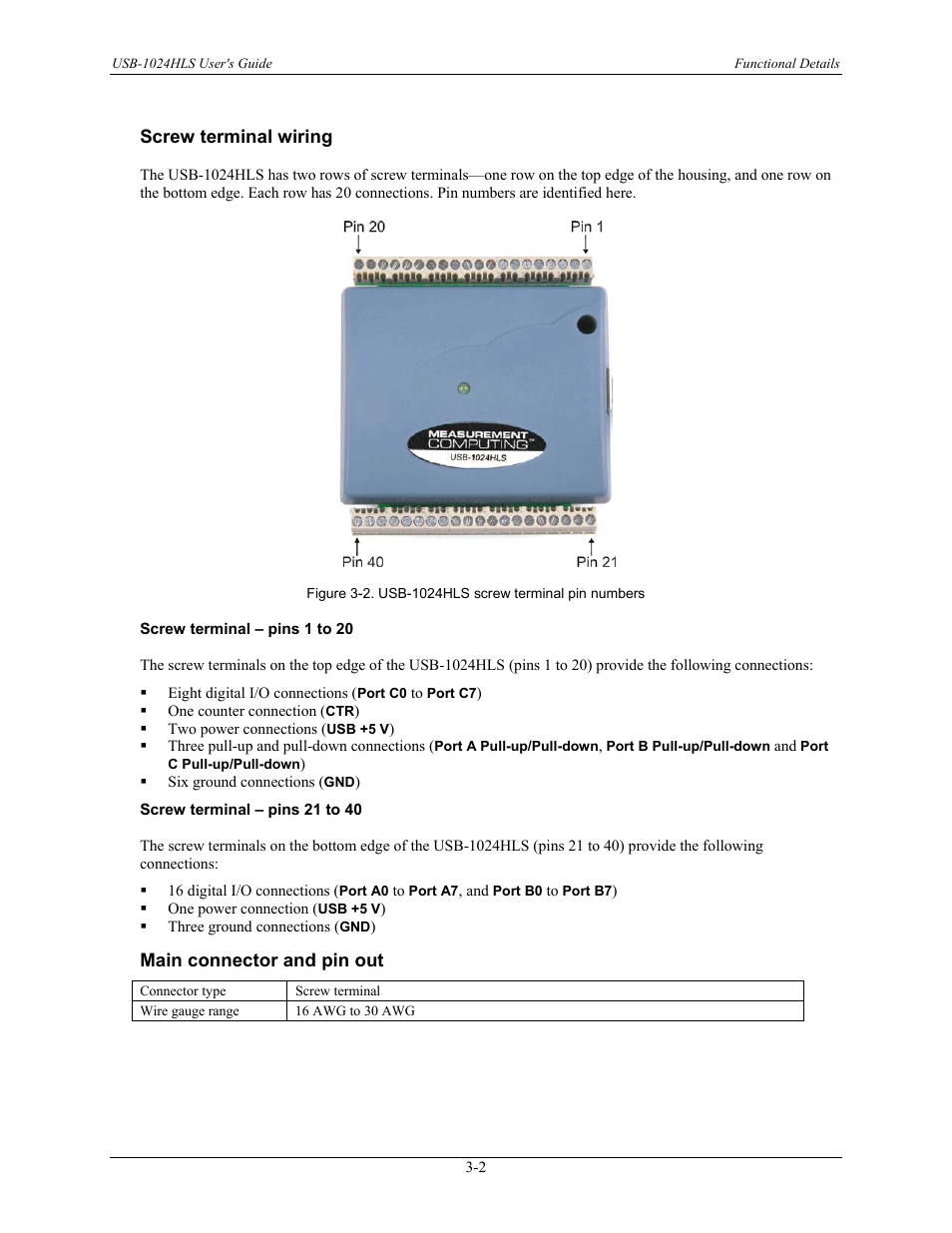Screw terminal wiring, Screw terminal – pins 1 to 20, Screw terminal – pins 21 to 40 | Main connector and pin out, Screw terminal wiring -2, Main connector and pin out -2 | Measurement Computing USB-1024HLS User Manual | Page 12 / 21
