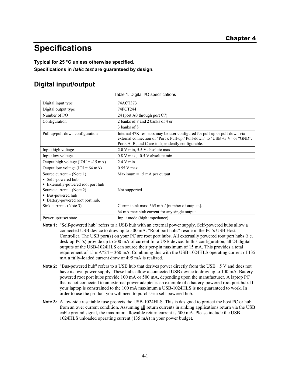 Specifications, Digital input/output, Specifications -1 | Digital input/output -1 | Measurement Computing USB-1024HLS User Manual | Page 17 / 21