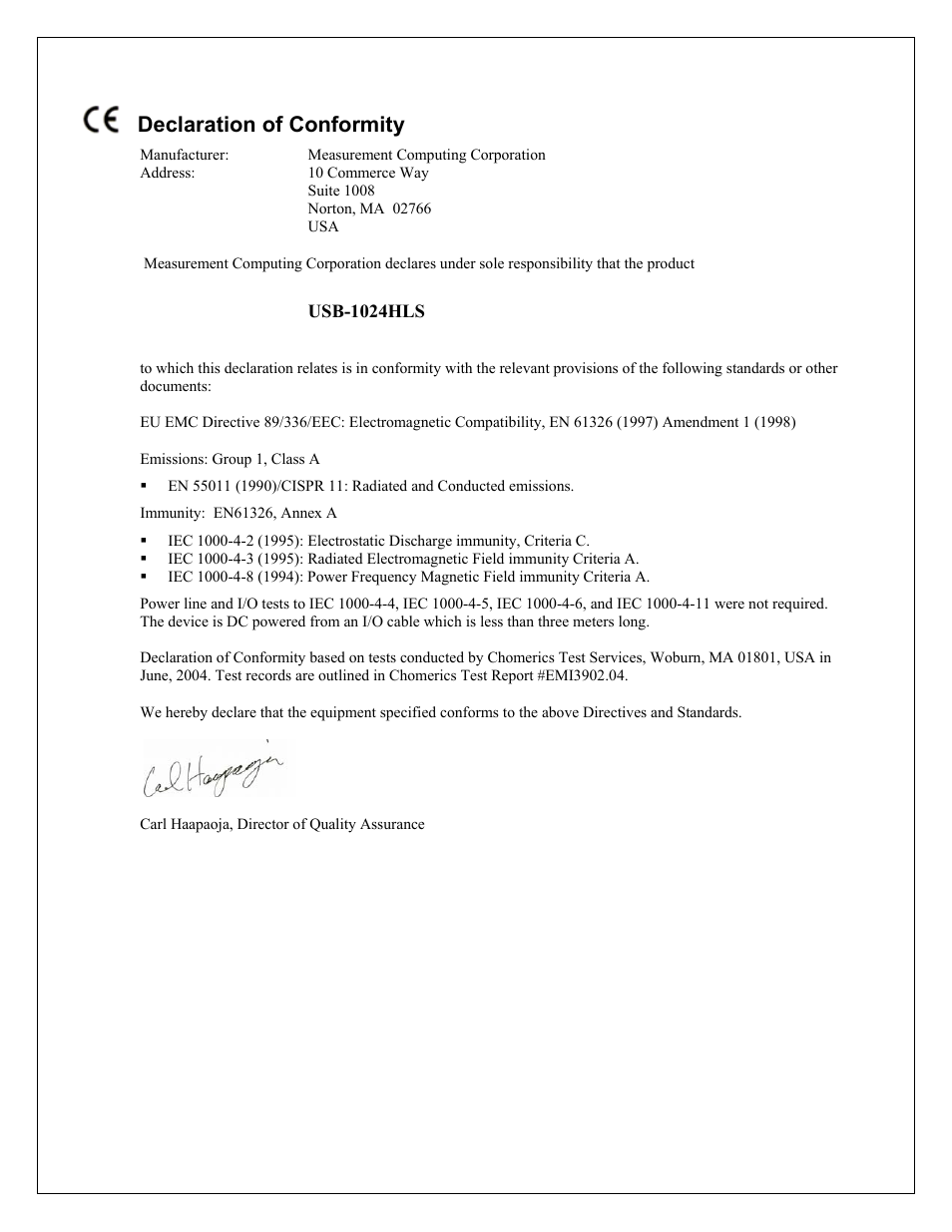 Declaration of conformity | Measurement Computing USB-1024HLS User Manual | Page 20 / 21