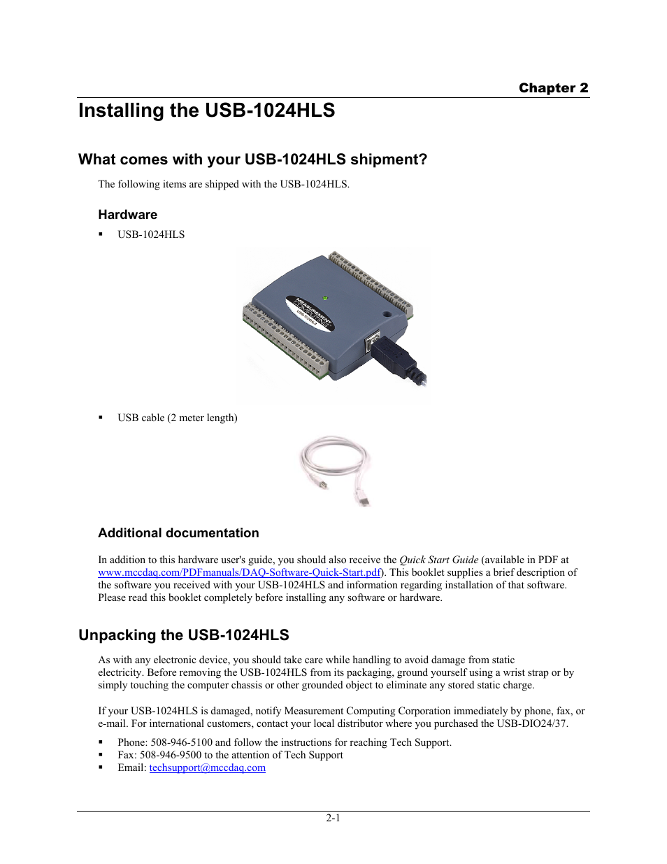 Installing the usb-1024hls, What comes with your usb-1024hls shipment, Hardware | Additional documentation, Unpacking the usb-1024hls, Installing the usb-1024hls -1, What comes with your usb-1024hls shipment? -1, Hardware -1, Additional documentation -1, Unpacking the usb-1024hls -1 | Measurement Computing USB-1024HLS User Manual | Page 9 / 21