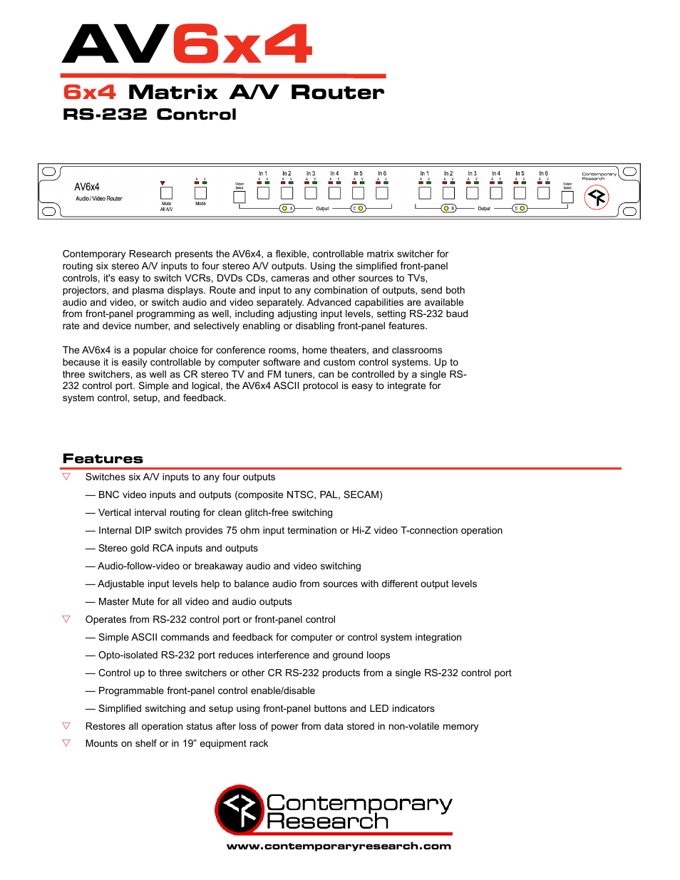 Contemporary Research AV6X4 User Manual | 2 pages