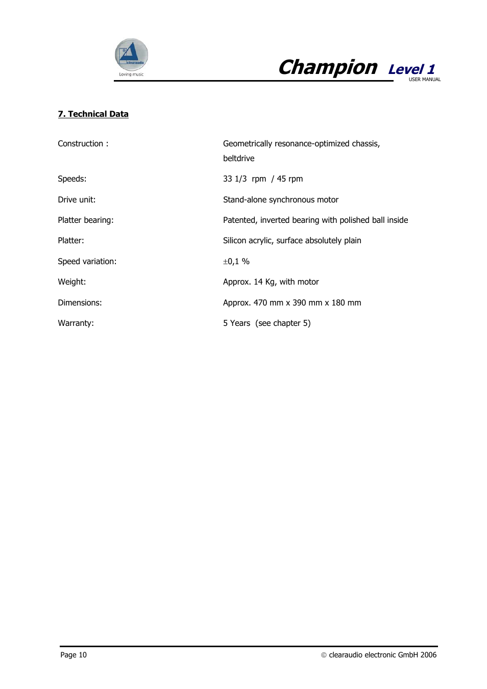Champion, Level 1 | Clearaudio Champion User Manual | Page 10 / 10